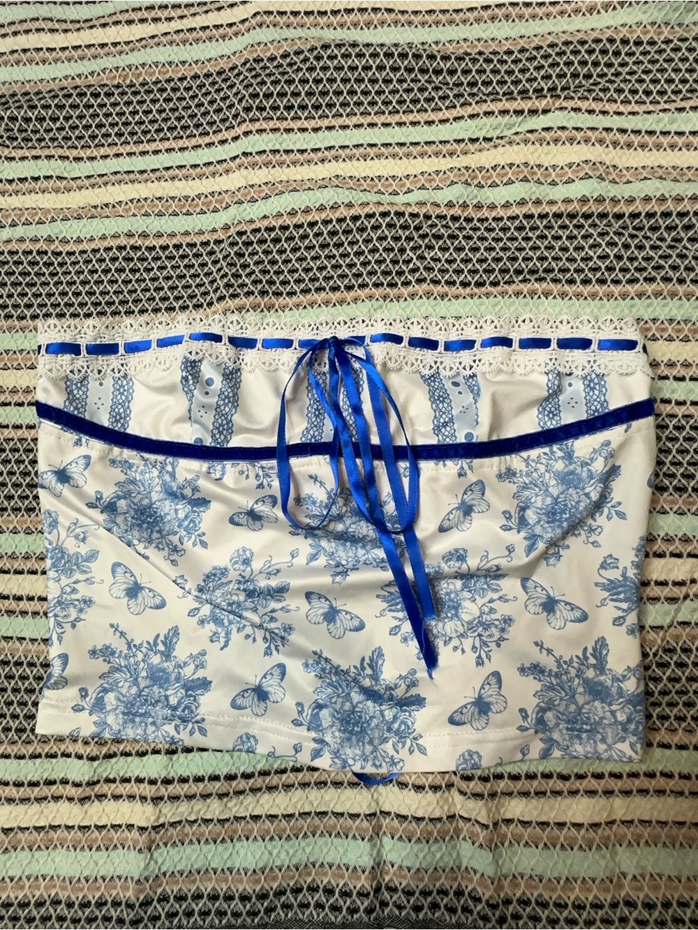 White & Blue Floral Butterfly Tube Top with Blue Ribbon